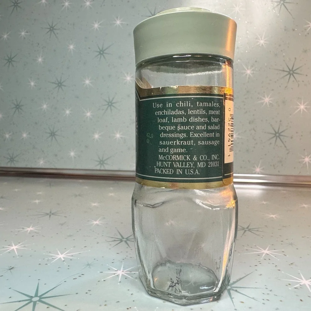 Vintage McCormick Ground Cumin Comino Jar Green Label and Lid Glass Spice Bottle